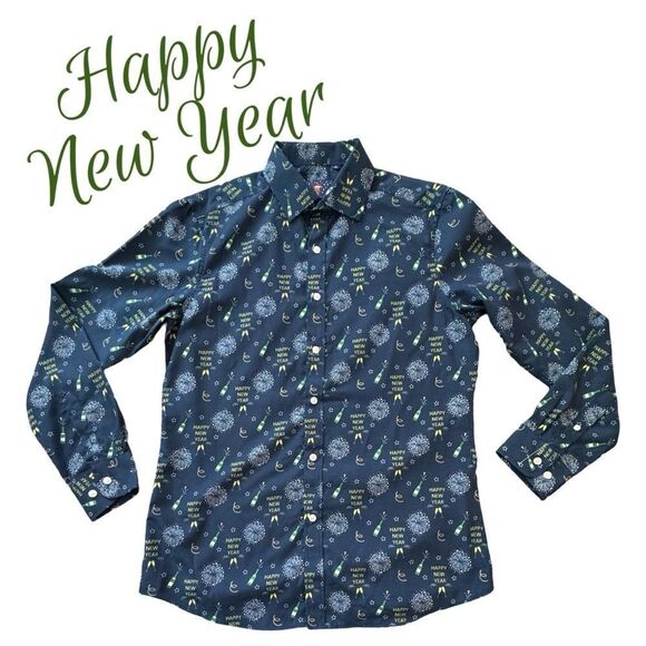 Simon Banks Happy New Year Holiday Collection Button Down Shirt Size M 15.5 - Picture 1 of 9